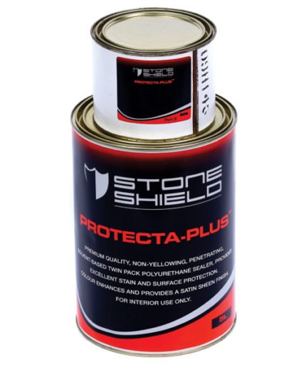 Two-stacked-containers-of-Stoneshield-Protecta-Plus-a-premium-quality-non-yellowing-penetrating-solvent-based-twin-pack-polyurethane-sealer-The-larger-container-is-labeled-5L-and-the-smaller-one-is-labeled-1L-Part-B-The-label-highlights-features-such-as-excellent-stain-and-surface-protection-color-enhancement-and-a-satin-sheen-finish-for-interior-use-only