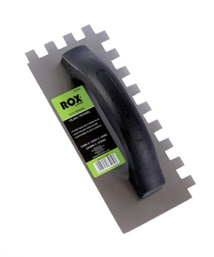 Image-of-a-notched-tiling-trowel-with-a-black-plastic-soft-grip-handle-and-a-stainless-steel-blade-the-blade-is-rectangular-with-serrated-edges-and-a-green-and-black-ROX-brand-label-is-attached-to-the-blade-indicating-the-dimensions-as-225mm-x-100mm-with-12mm-x-12mm-notches